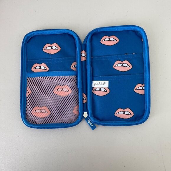 Yoobi Pencil Pens Marker Calculator Cell Phone Case Zip Pockets Blue Mouth Lips - Picture 3 of 5